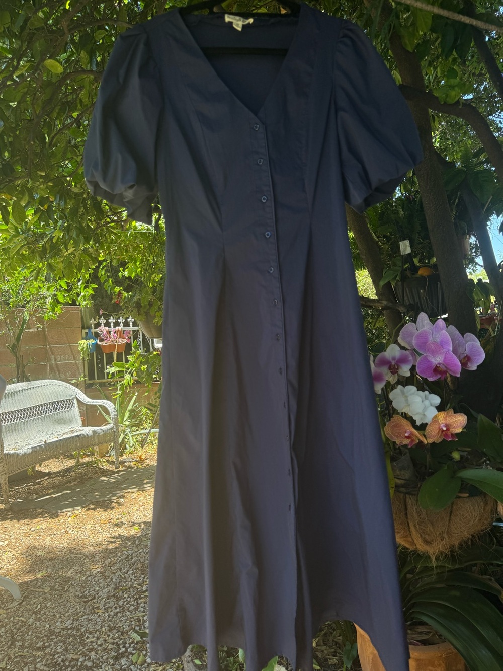 Indigo Navy Puff-Sleeve Button-Front Midi Dress